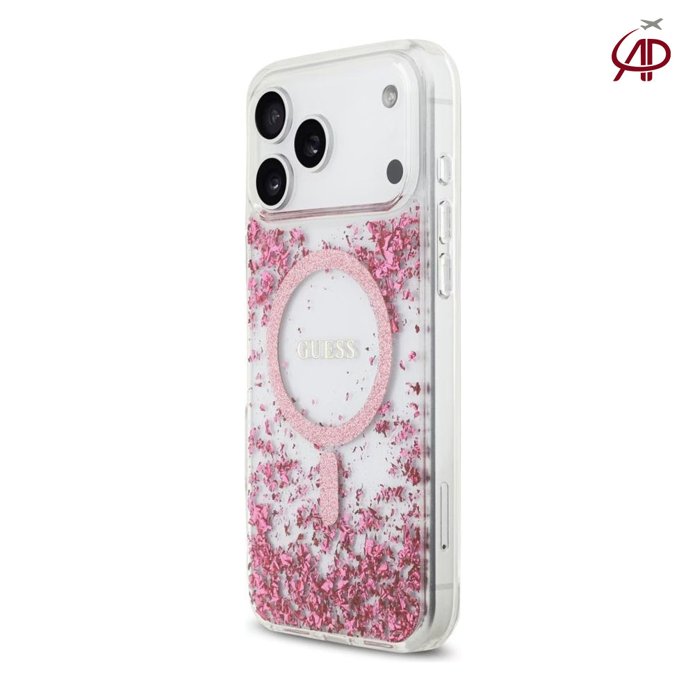 GUESS Clear Pink Glitter Flake MagSafe Case with Pink Glitter Magnetic Ring