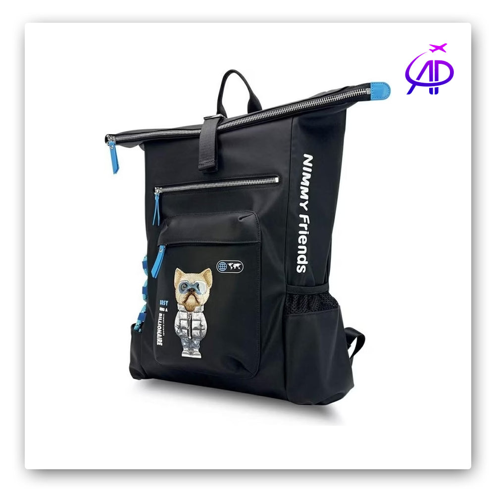 Nimmy Friends 'Billionaire Puppy' Roll-Top Backpack - Black/Blue Accents