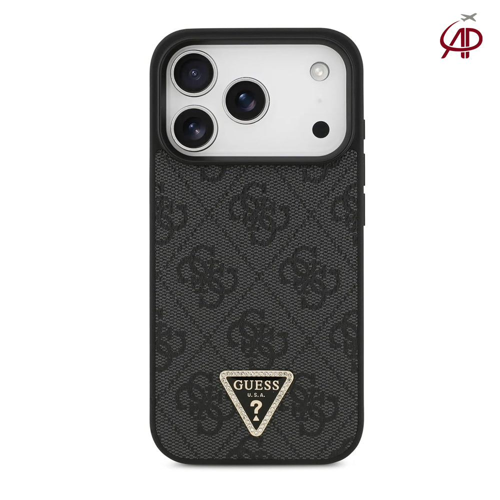 GUESS Black 4G Monogram Case with Rhinestone Triangle Emblem