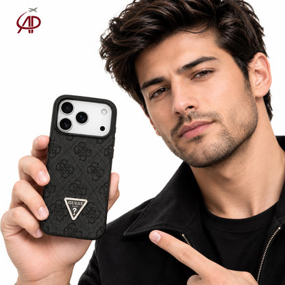 GUESS Black 4G Monogram Case with Rhinestone Triangle Emblem