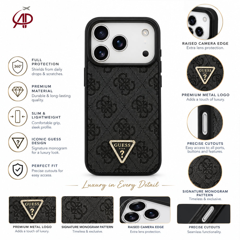 GUESS Black 4G Monogram Case with Rhinestone Triangle Emblem