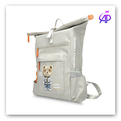 Chic Grey Roll-Top Backpack with 'Teddy Bear in Puffer Jacket' Graphic