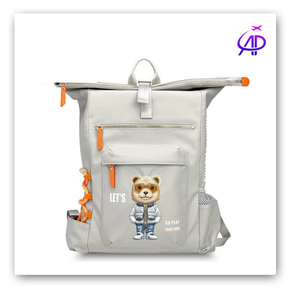 Chic Grey Roll-Top Backpack with 'Teddy Bear in Puffer Jacket' Graphic