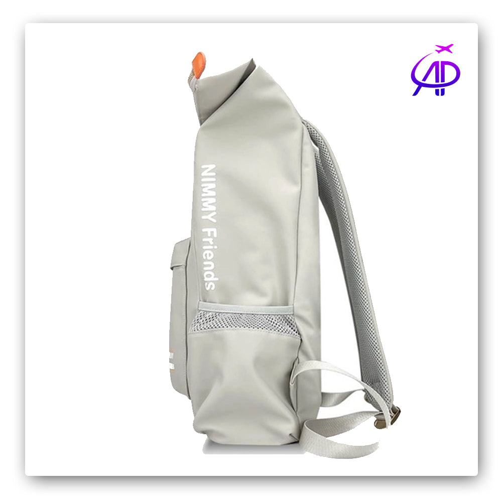 Chic Grey Roll-Top Backpack with 'Teddy Bear in Puffer Jacket' Graphic