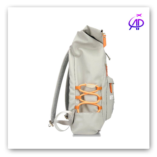 Chic Grey Roll-Top Backpack with 'Teddy Bear in Puffer Jacket' Graphic