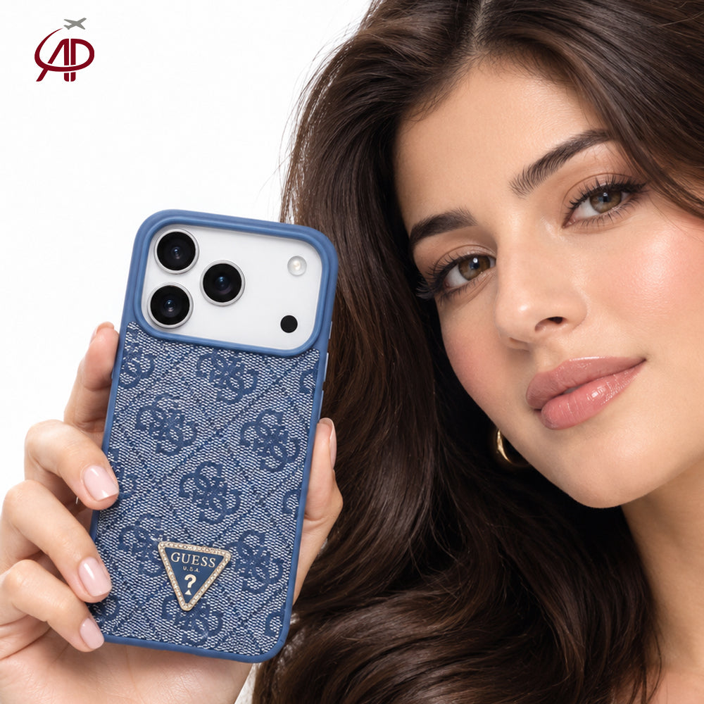 GUESS Blue Denim 4G Monogram Case with Rhinestone Triangle Emblem