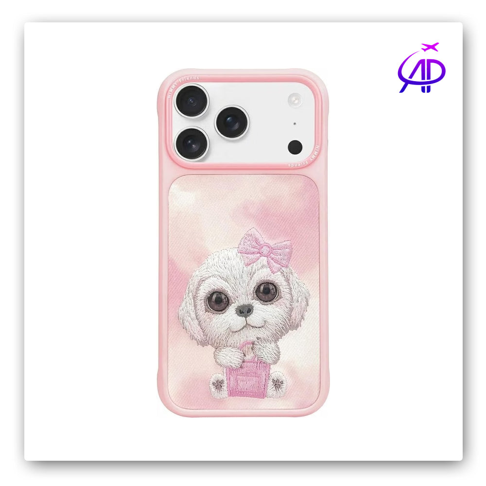 Nimmy Friends Fluffy Dog Pink Bow Embroidery Protection Case