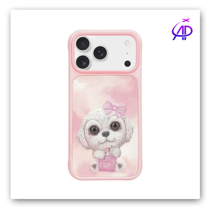 Nimmy Friends Fluffy Dog Pink Bow Embroidery Protection Case