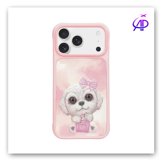 Nimmy Friends Fluffy Dog Pink Bow Embroidery Protection Case