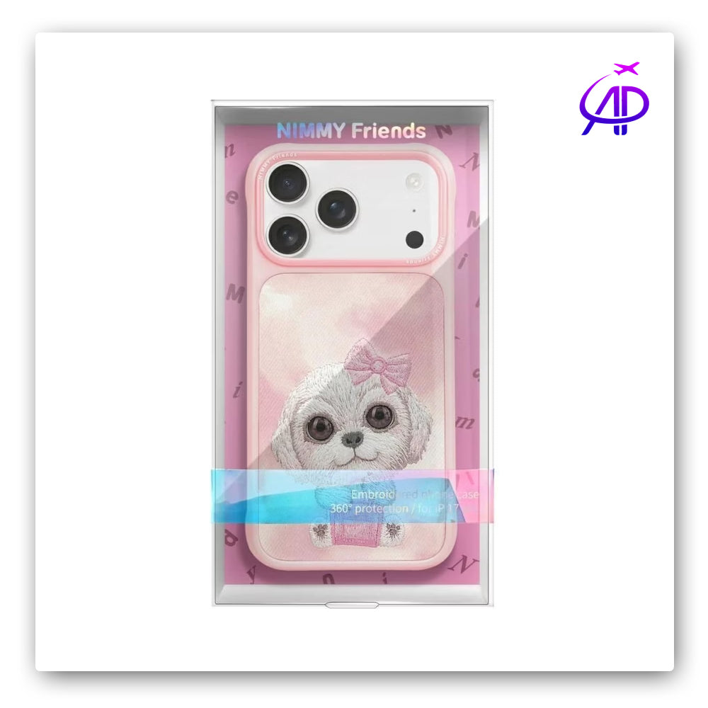 Nimmy Friends Fluffy Dog Pink Bow Embroidery Protection Case