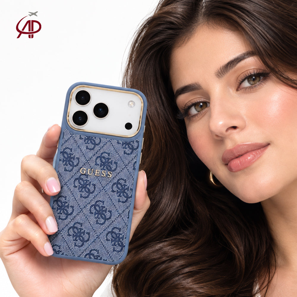 GUESS Blue Denim 4G Monogram Case with Gold Logo