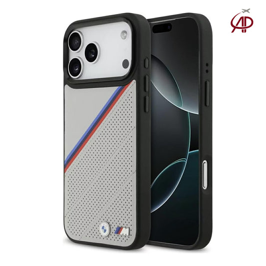 BMW M Motorsport Off-White/Grey Perforated Leather Case with Tricolor Stripes