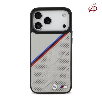 BMW M Motorsport Off-White/Grey Perforated Leather Case with Tricolor Stripes