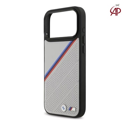 BMW M Motorsport Off-White/Grey Perforated Leather Case with Tricolor Stripes