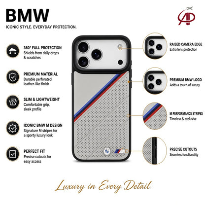 BMW M Motorsport Off-White/Grey Perforated Leather Case with Tricolor Stripes