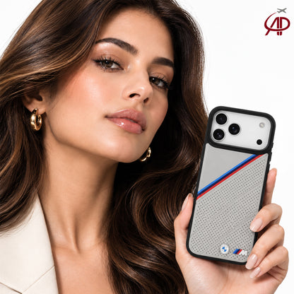 BMW M Motorsport Off-White/Grey Perforated Leather Case with Tricolor Stripes