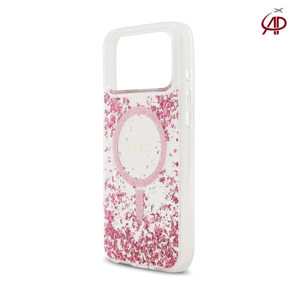 GUESS Clear Pink Glitter Flake MagSafe Case with Pink Glitter Magnetic Ring