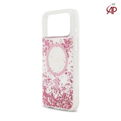 GUESS Clear Pink Glitter Flake MagSafe Case with Pink Glitter Magnetic Ring