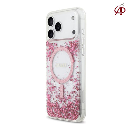 GUESS Clear Pink Glitter Flake MagSafe Case with Pink Glitter Magnetic Ring