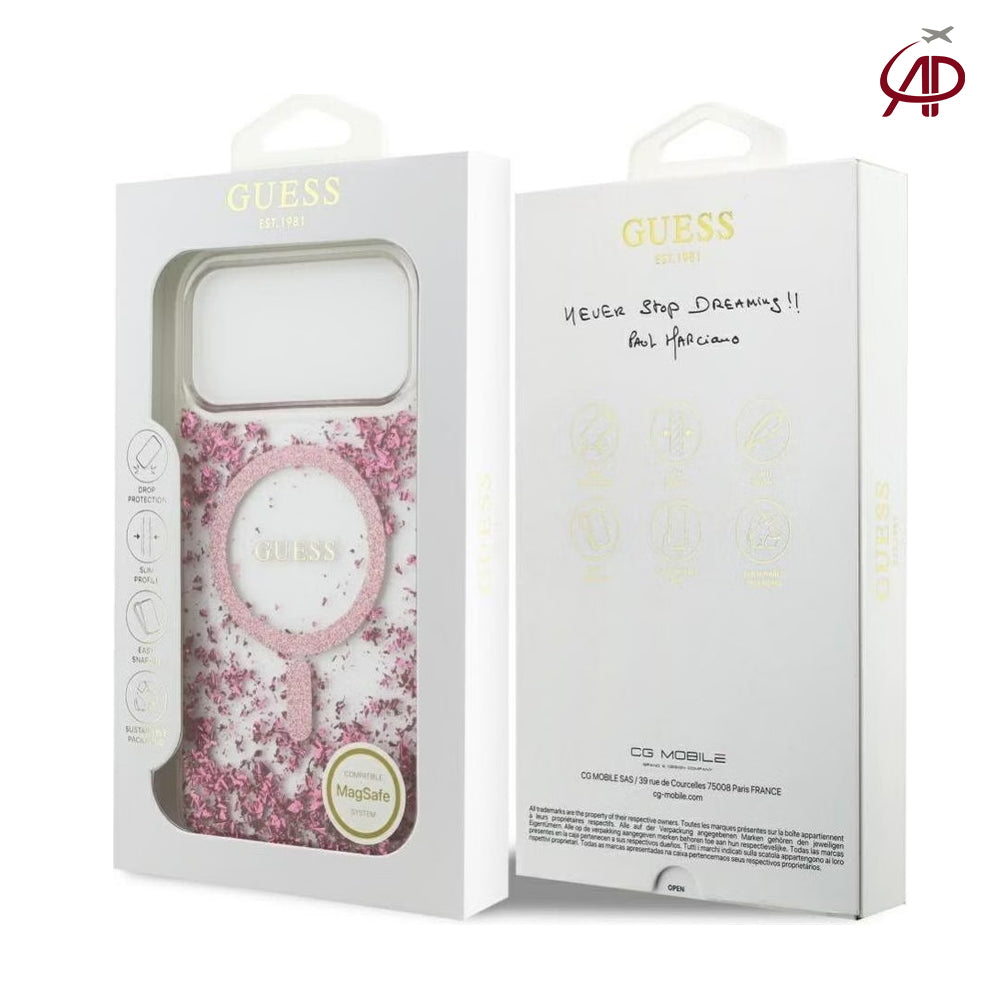 GUESS Clear Pink Glitter Flake MagSafe Case with Pink Glitter Magnetic Ring