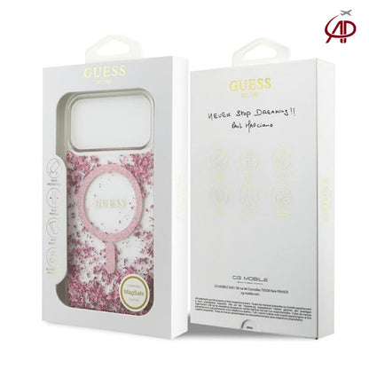 GUESS Clear Pink Glitter Flake MagSafe Case with Pink Glitter Magnetic Ring