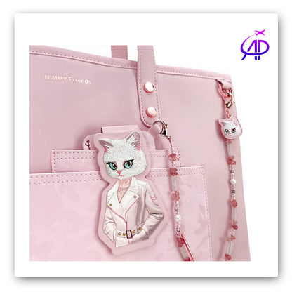 NIMMY FRIENDS Chic Pink Shoulder Tote with Detachable Cat Accessories
