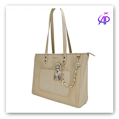 NIMMY FRIENDS Neutral Beige Tote Bag with Embroidered Dog Charm & Beaded Chain