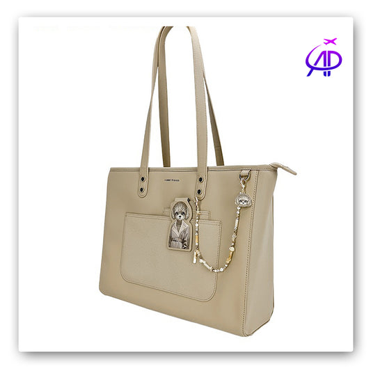 NIMMY FRIENDS Neutral Beige Tote Bag with Embroidered Dog Charm & Beaded Chain