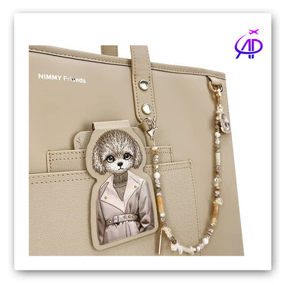 NIMMY FRIENDS Neutral Beige Tote Bag with Embroidered Dog Charm & Beaded Chain