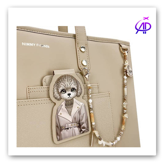 NIMMY FRIENDS Neutral Beige Tote Bag with Embroidered Dog Charm & Beaded Chain