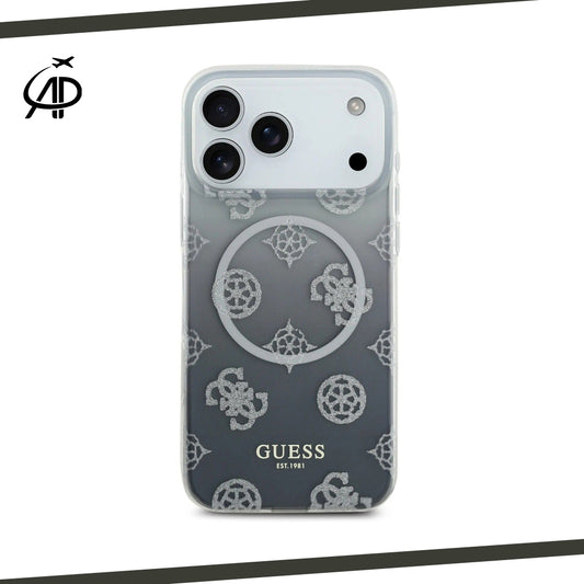 Guess Silver Glitter Monogram Gradient Clear Magsafe Compatible iPhone Case