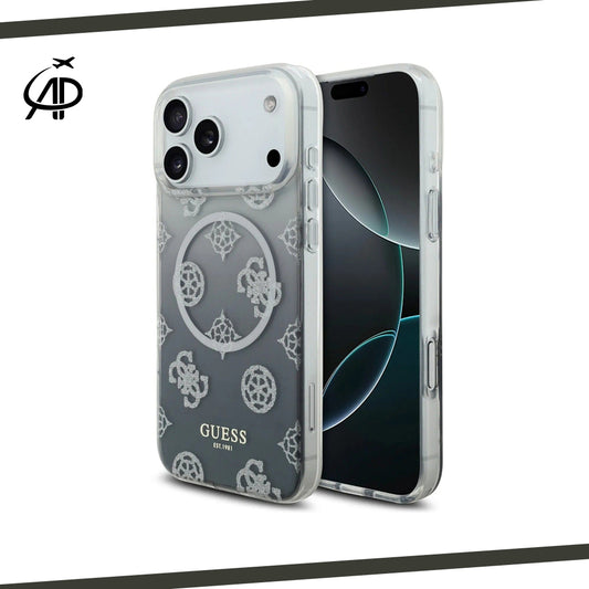 Guess Silver Glitter Monogram Gradient Clear Magsafe Compatible iPhone Case