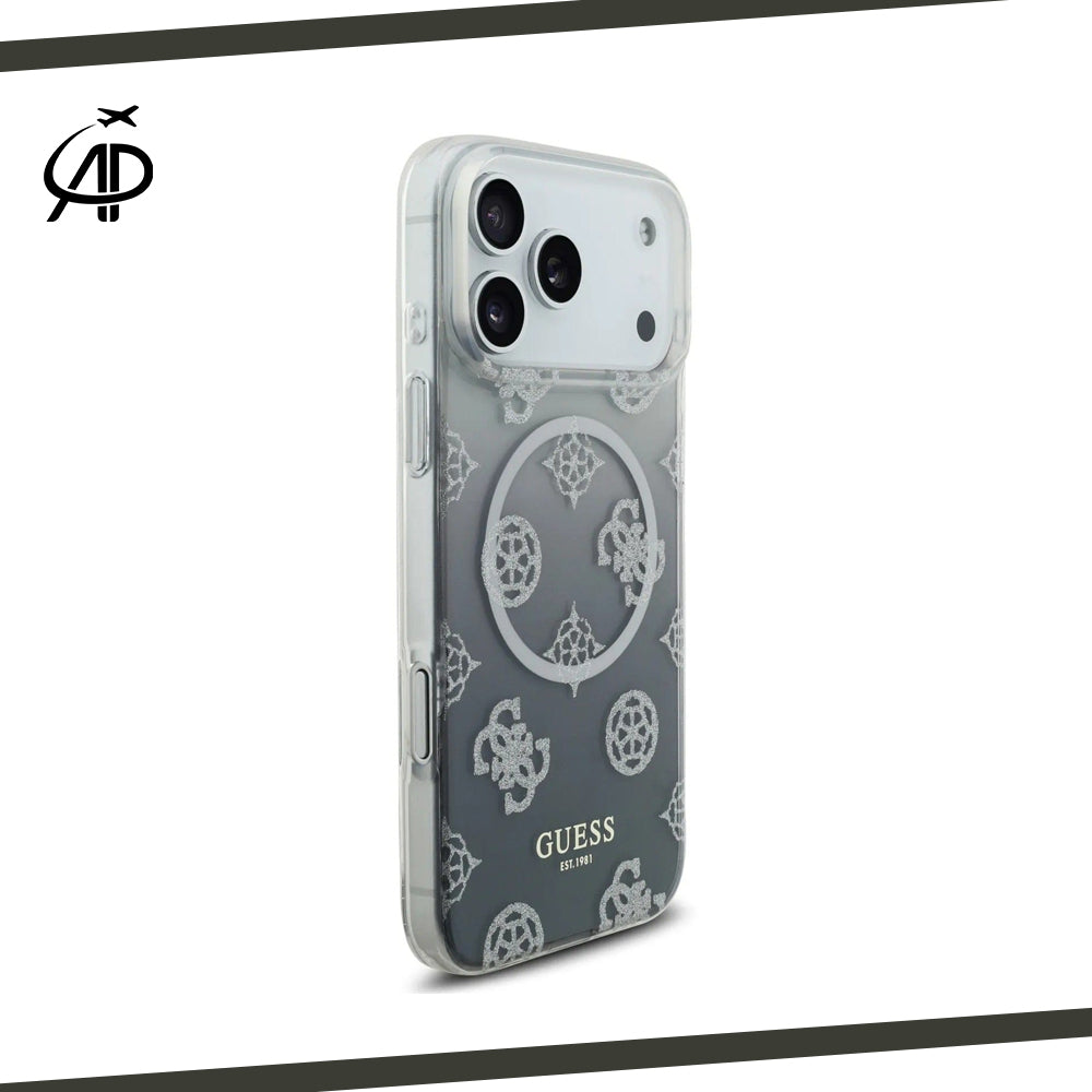 Guess Silver Glitter Monogram Gradient Clear Magsafe Compatible iPhone Case