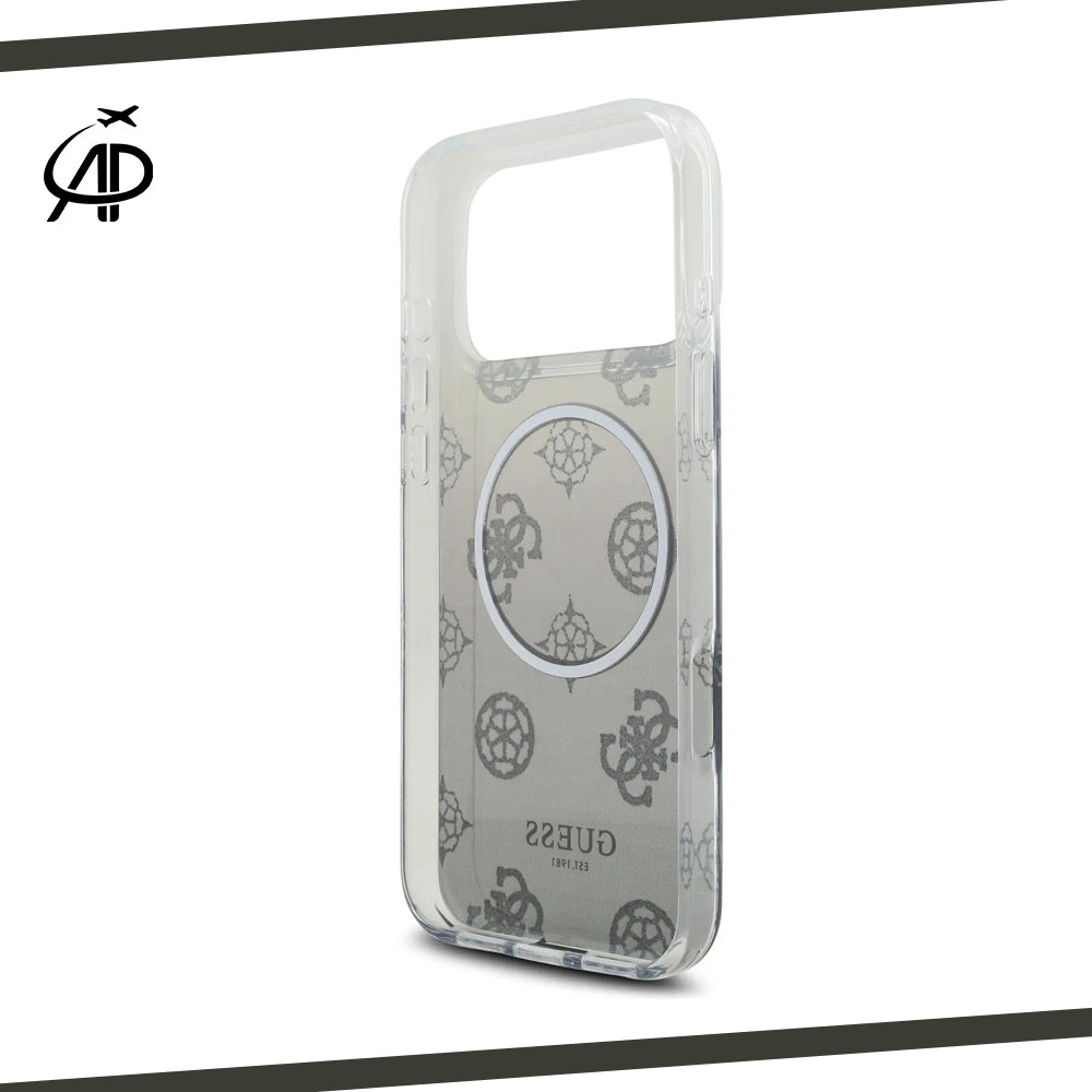 Guess Silver Glitter Monogram Gradient Clear Magsafe Compatible iPhone Case
