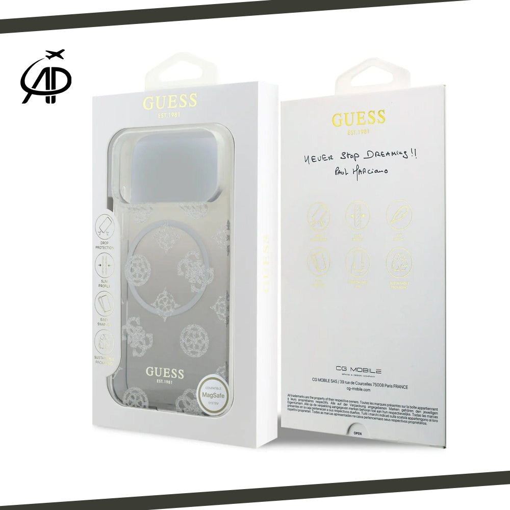 Guess Silver Glitter Monogram Gradient Clear Magsafe Compatible iPhone Case