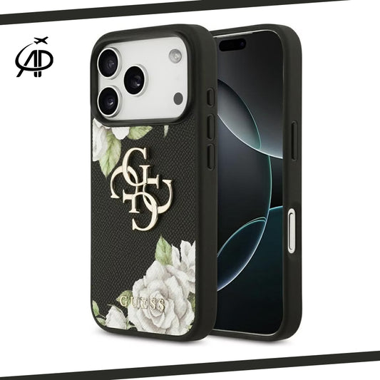 Guess Black Floral Print Case with Metallic 4G Logo
