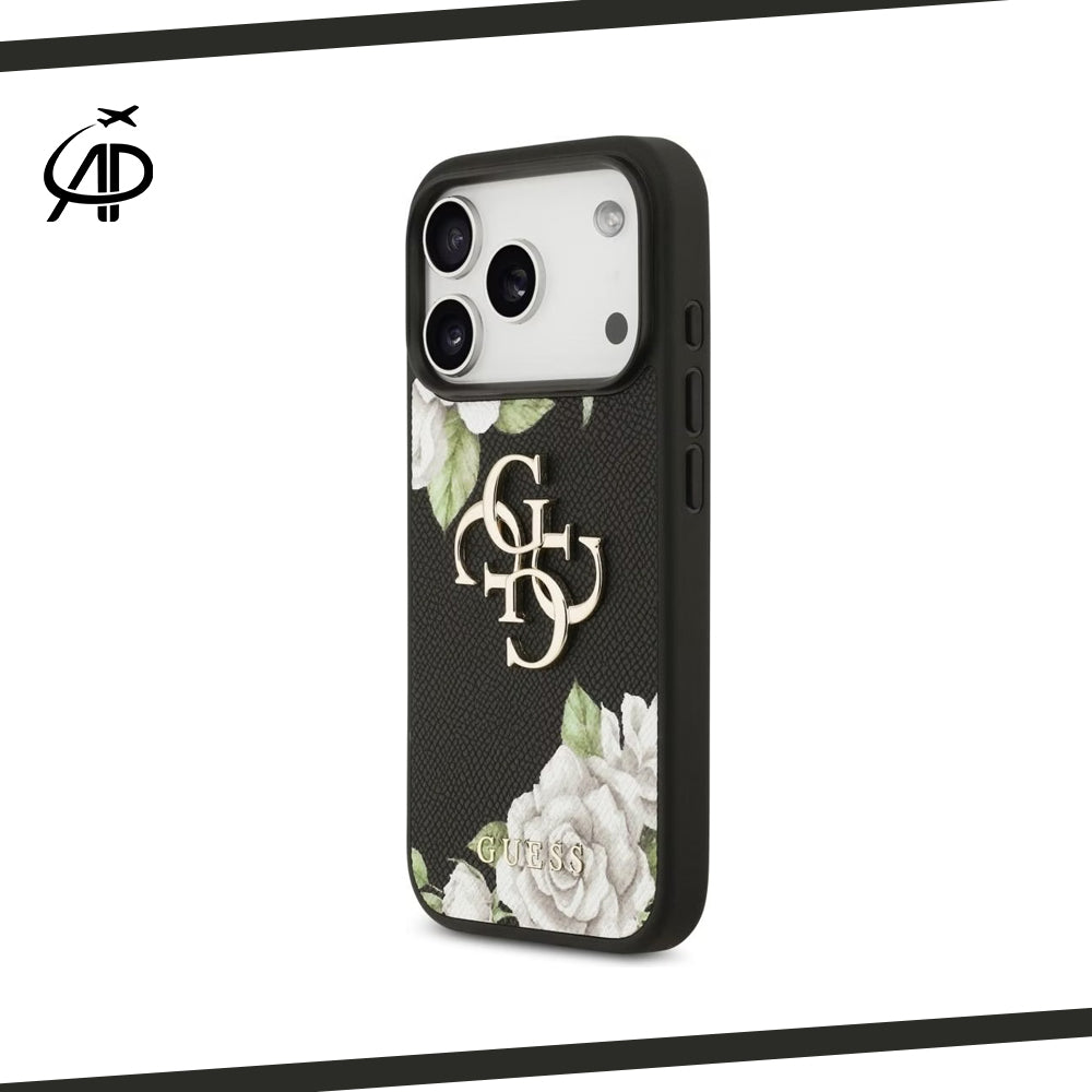 Guess Black Floral Print Case with Metallic 4G Logo