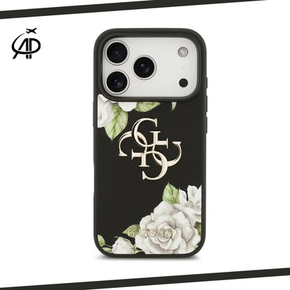 Guess Black Floral Print Case with Metallic 4G Logo
