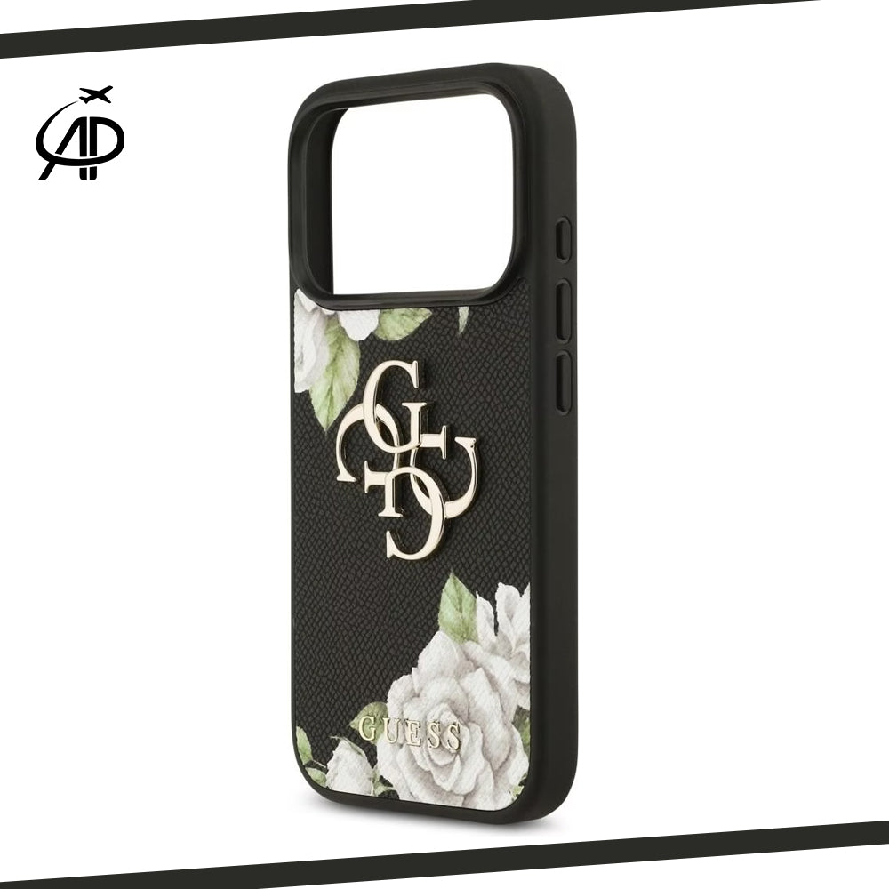Guess Black Floral Print Case with Metallic 4G Logo