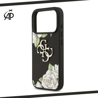 Guess Black Floral Print Case with Metallic 4G Logo