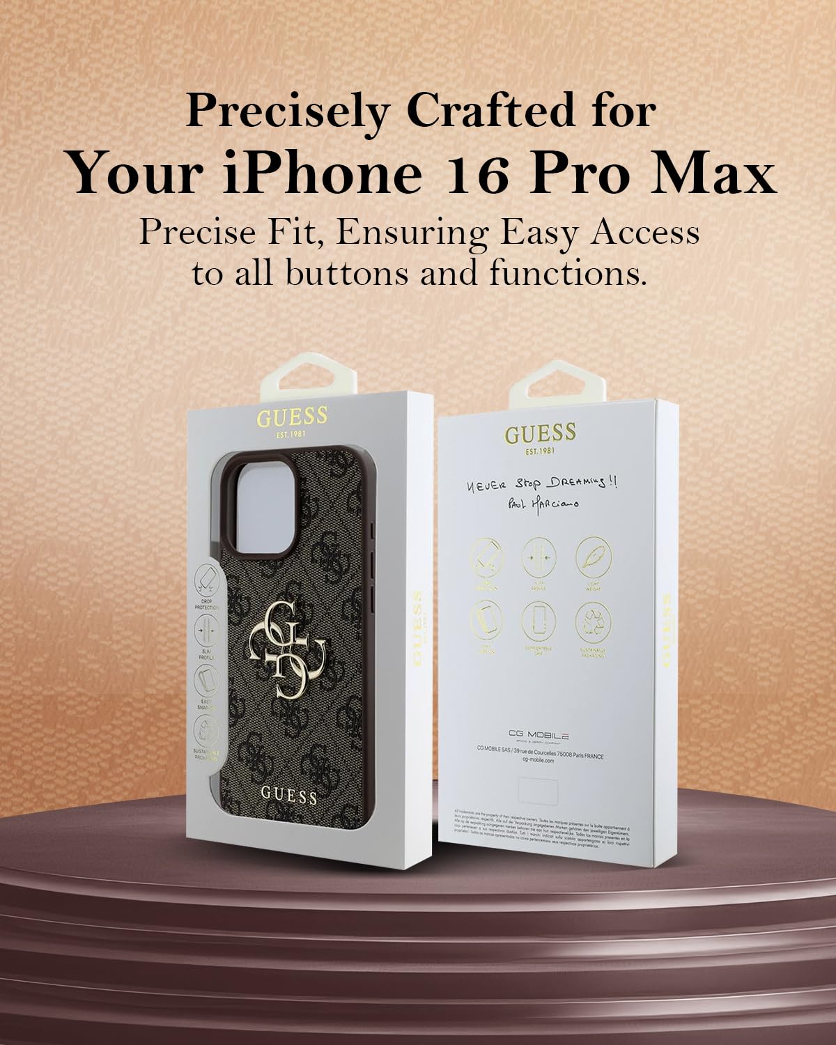 Guess Phone Case [Official Licensed] PU Leather Case with 4G Big Metal Logo | Shock Absorption Protective Case/Cover Compatible with iPhone 16 Pro Max (6.9-Inch) (2024) - Brown