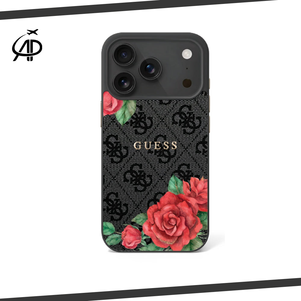 Guess Black Monogram Case with Red Rose Floral Print