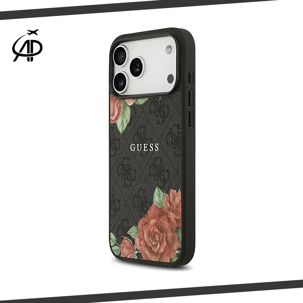 Guess Black Monogram Case with Red Rose Floral Print