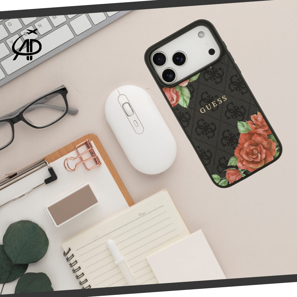 Guess Black Monogram Case with Red Rose Floral Print