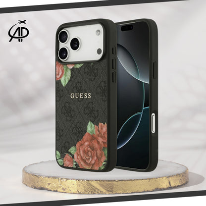 Guess Black Monogram Case with Red Rose Floral Print